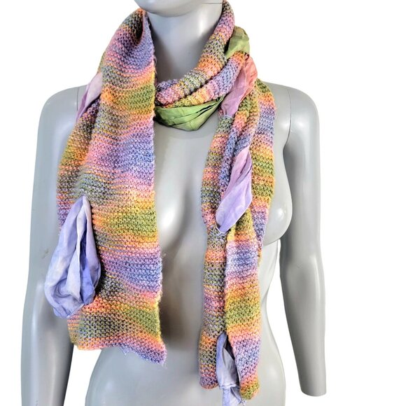 Colorful Scarf Women Winter Accessories Handmade Mixed Fabric Crochet Knit Pink - Picture 1 of 16
